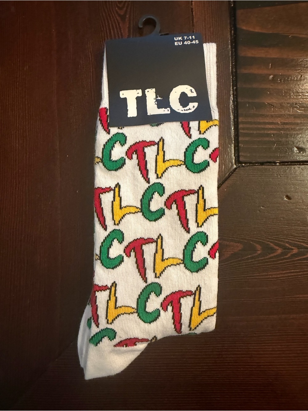 TLC White Logo Crew Socks with Red, Green & Yellow Accents